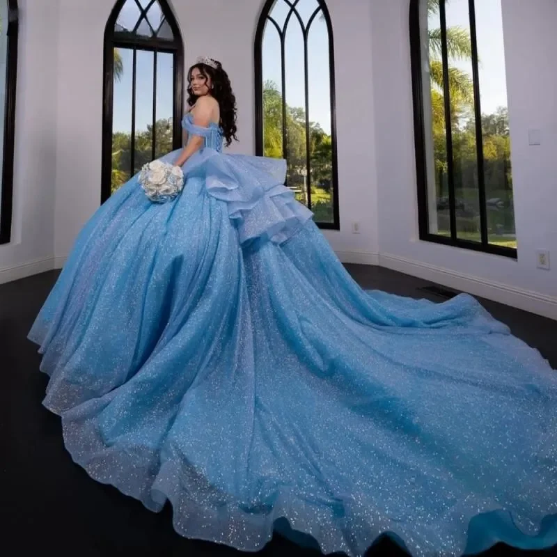 Luxury Sky Blue Quinceanera Dresses Sweetheart Off The Shoulder Count Train Ball Gown Tull Party Birthday Vestido De 15 Anos