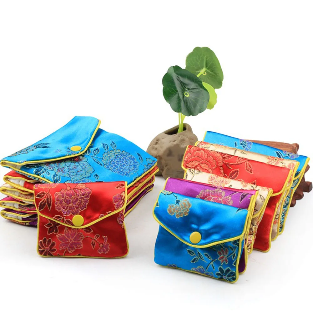 1PC Chinese Brocade Handmade Silk Embroidery Padded Zipper Small Jewelry Gift Storage Pouch Bag Snap Case Satin Coin Purse