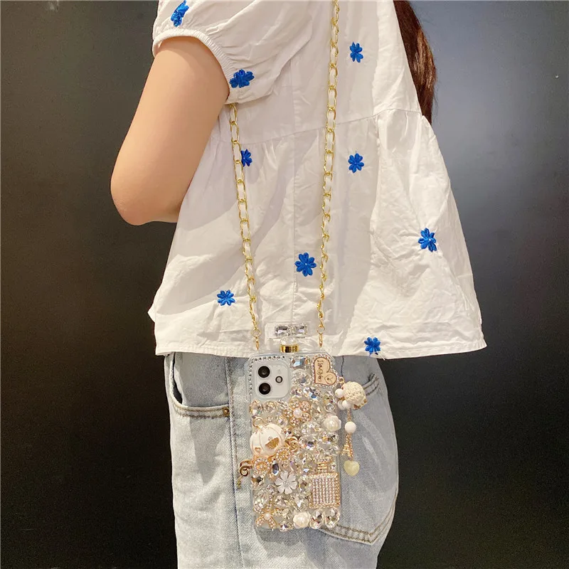 or iPhone 17 Air 16 15 14 13 12 11 Pro Max Plus Luxury Fashion Bling Diamond Perfume bottle Lanyard Phone Cover Case
