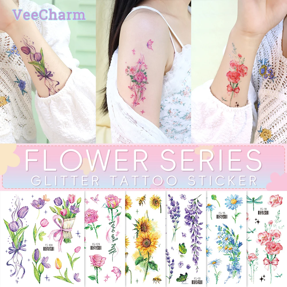 

VeeCharm -Flower Waterproof Temporary Tattoos for Women/Girls , Floral Series, Face & Shoulder Stickers, Temporary tattoos