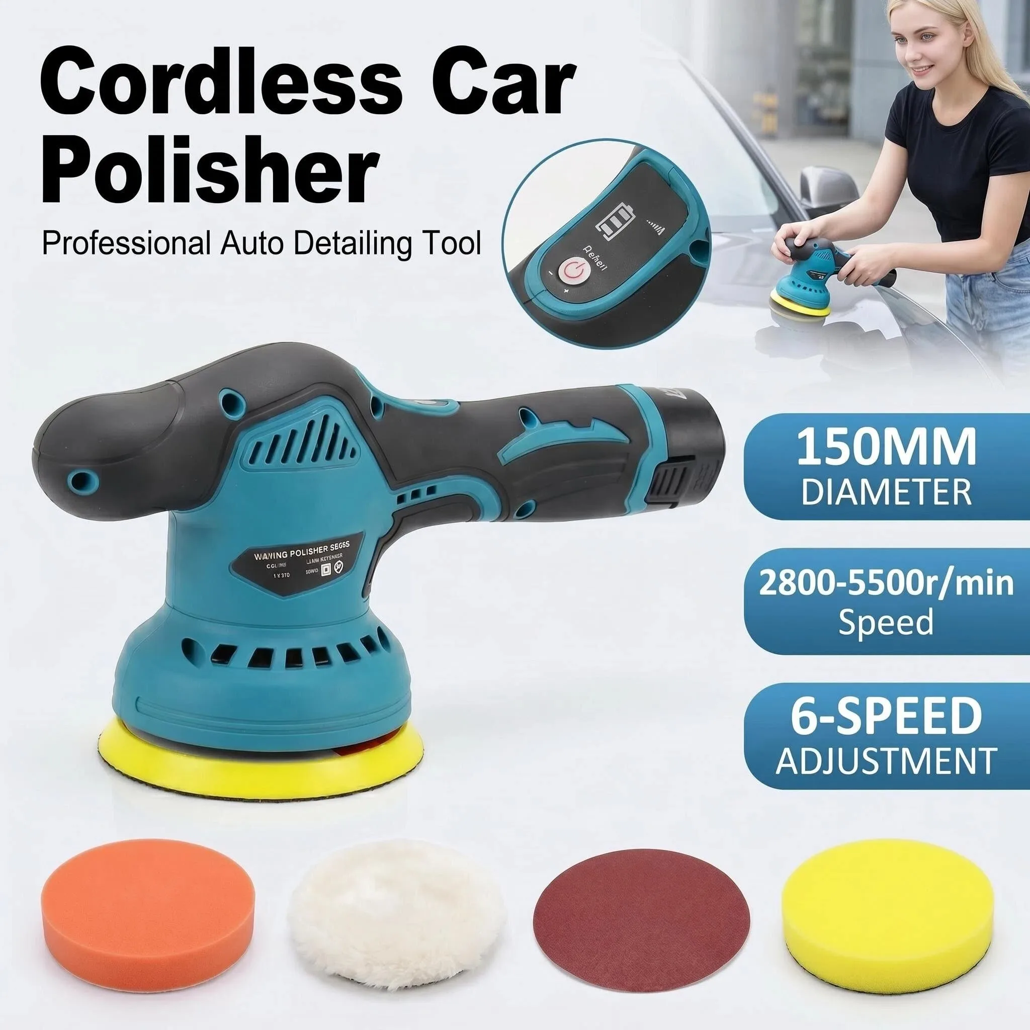 

Wireless Car Polisher 12V 2800-5500rpm Cordless Car Polishing Machine Electric Polishing Wax Tool Noiseless 8 Variable Speeds