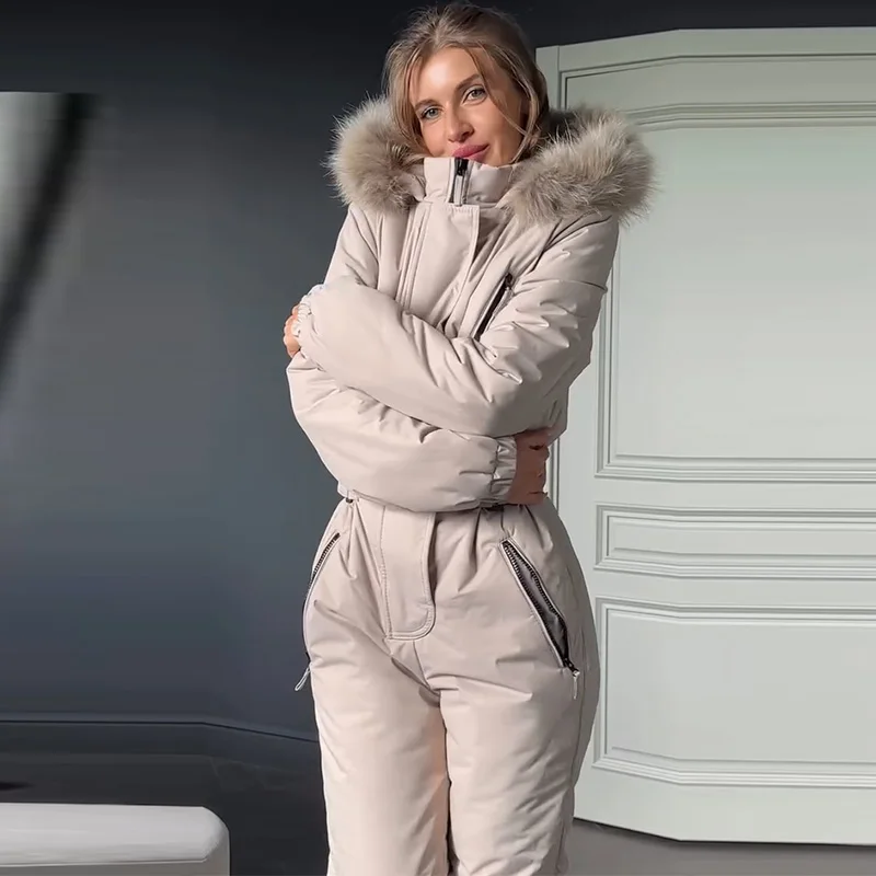 Ski-Overall mit Kunstfellkragen, tailliert, für Damen, sportlich, mit Kapuze, Laternenärmeln, Reißverschlüssen, schmal geschnitten, Winter-Skibekleidung für Damen – Detail 36