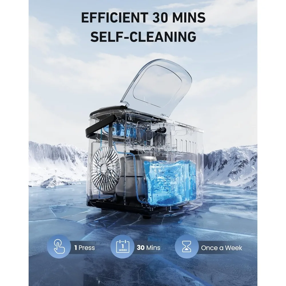 Máquina de hielo portátil con Autolimpieza, 9 cubos en 6 minutos, 26 libras/24 horas, cesta y cuchara, 2 tamaños de Bullet Ices