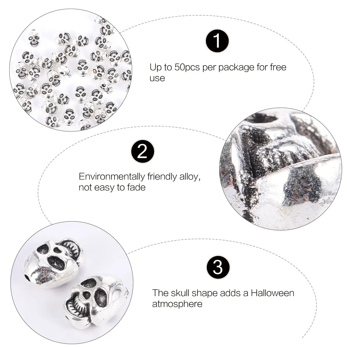 

50 Pcs Skull Beads Craft Jewelry Accessories Halloween Alloy Decorative Charms for Bracelet Necklace Keychain
