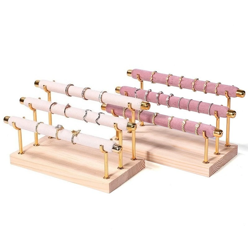 Wooden Base Ring Display Stand Sponge Stick Ring Holder Multi-layer Organizer Metal Frame Detachable Jewelry Packaging
