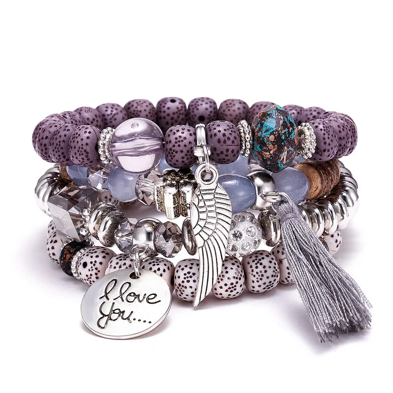 4Pcs/Set Handmade Beads Wing Pendant Tassel Bracelet For Women Vintage Stone Beaded Chain Banglets Female Bohemian Jewelry