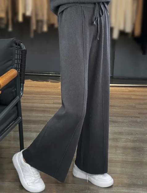 XIZOU Autumn and Winter New Style Korean Version Woman Solid color High Waist Keep Warm Knitting Wide Legs Straight Leg Pants