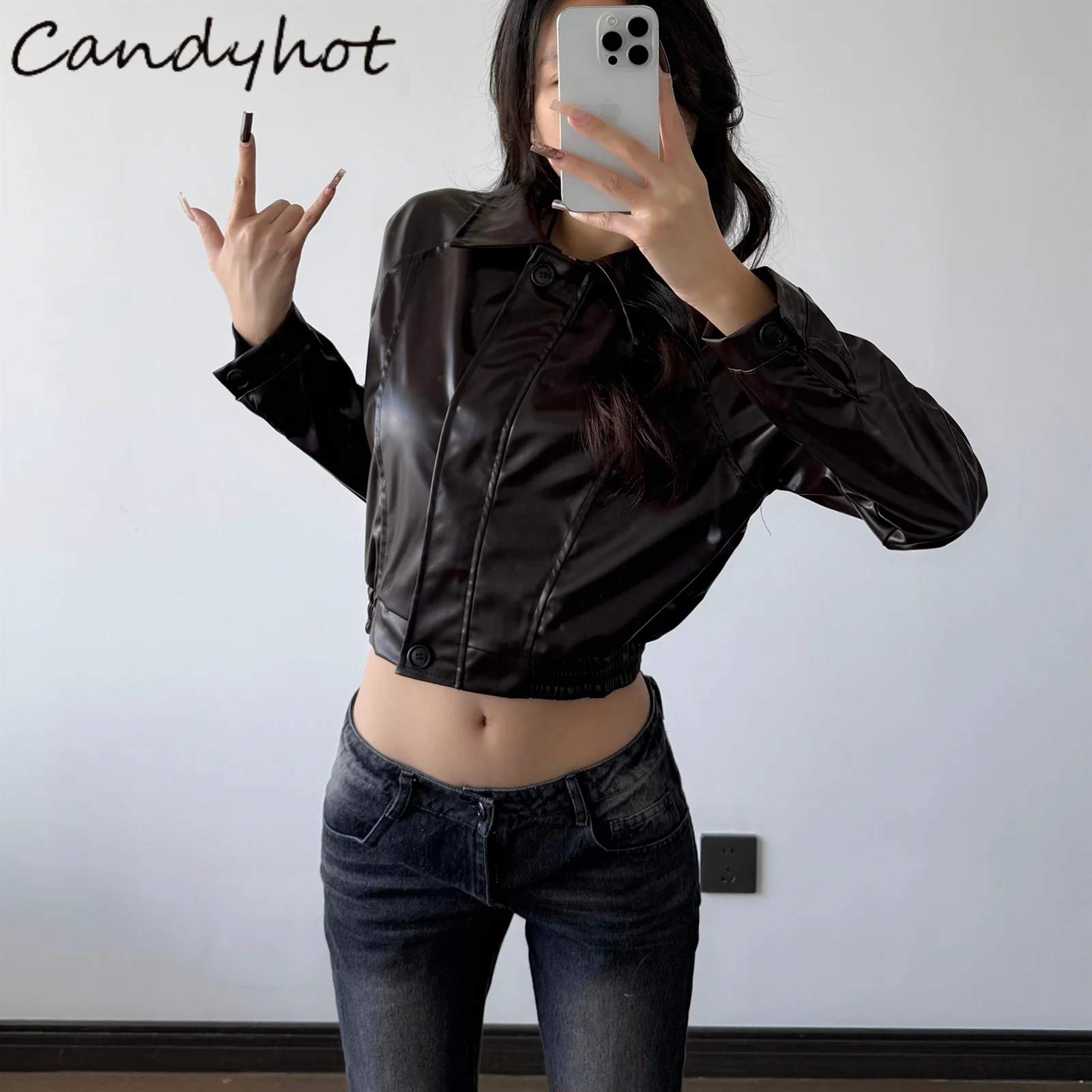 

Candyhot, осенняя новинка, куртка из искусственной кожи, модная верхняя одежда, утепленные пальто с лацканами на молнии, повседневная уличная одежда, женские топы, женские 2025
