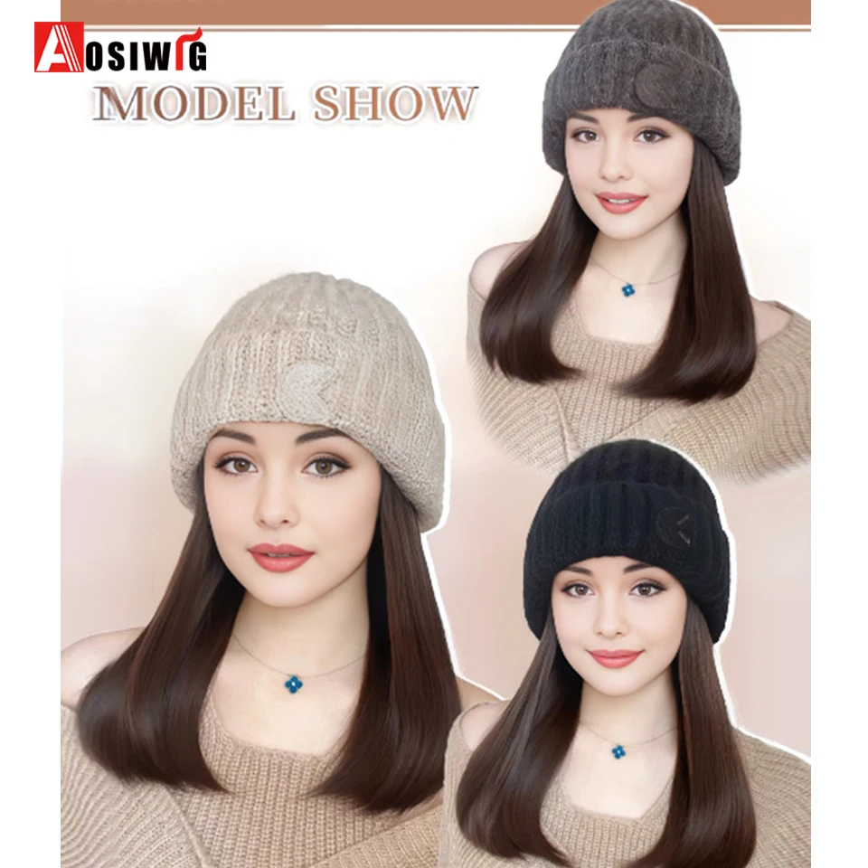 Hat Wig Beanies Hat With Hair Wigs For Women Synthetic Short Straight Hair Warm Ski Plush Knitted Autumn Winter Cap Wig