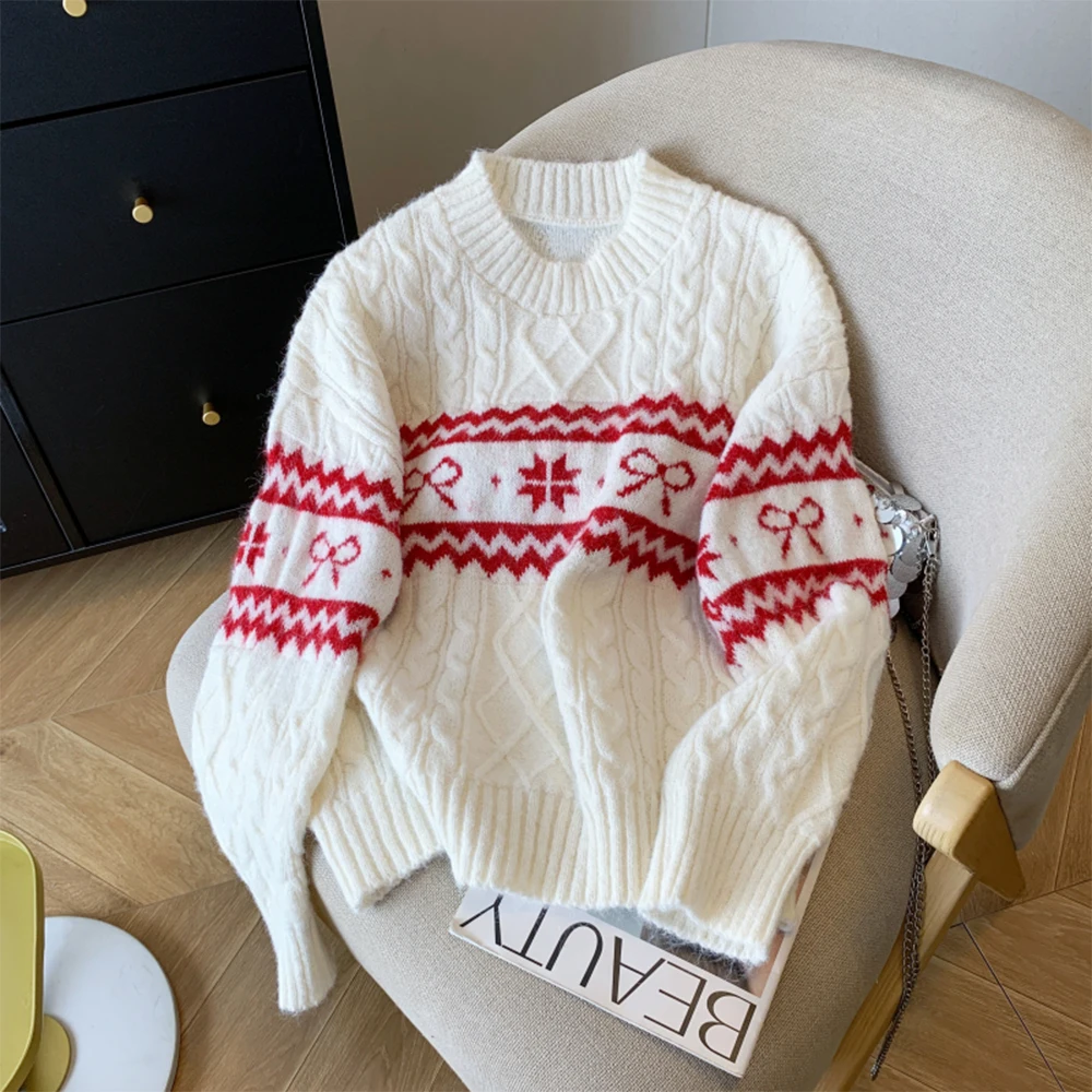 

Женский белый джемпер, пуловер, рождественский свитер, винтажный свитер 2000-х годов Y2k, эстетичная мода, трикотаж, свитер с длинными рукавами, осень