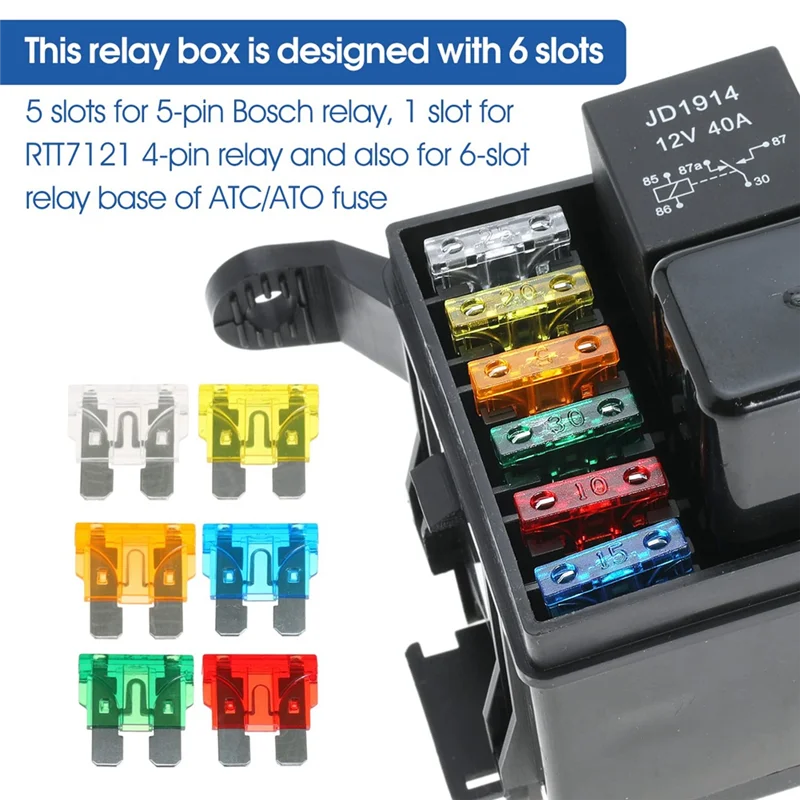 12V Fuse and Relay Box Kit with 6 Slots Relay Block and ATC/ATO Blade Fuse with Metallic Pins Spade Terminals Universal