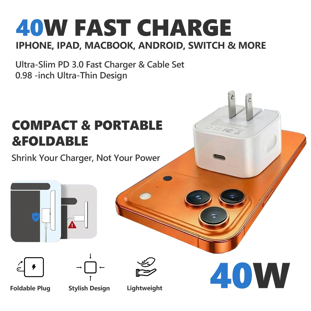 

40W Ultra-Slim PD 3.0 Fast Charger&Braided Cable Set Foldable Plug Compact Portable Wall Adapter for IPhone IPad MacBook Android