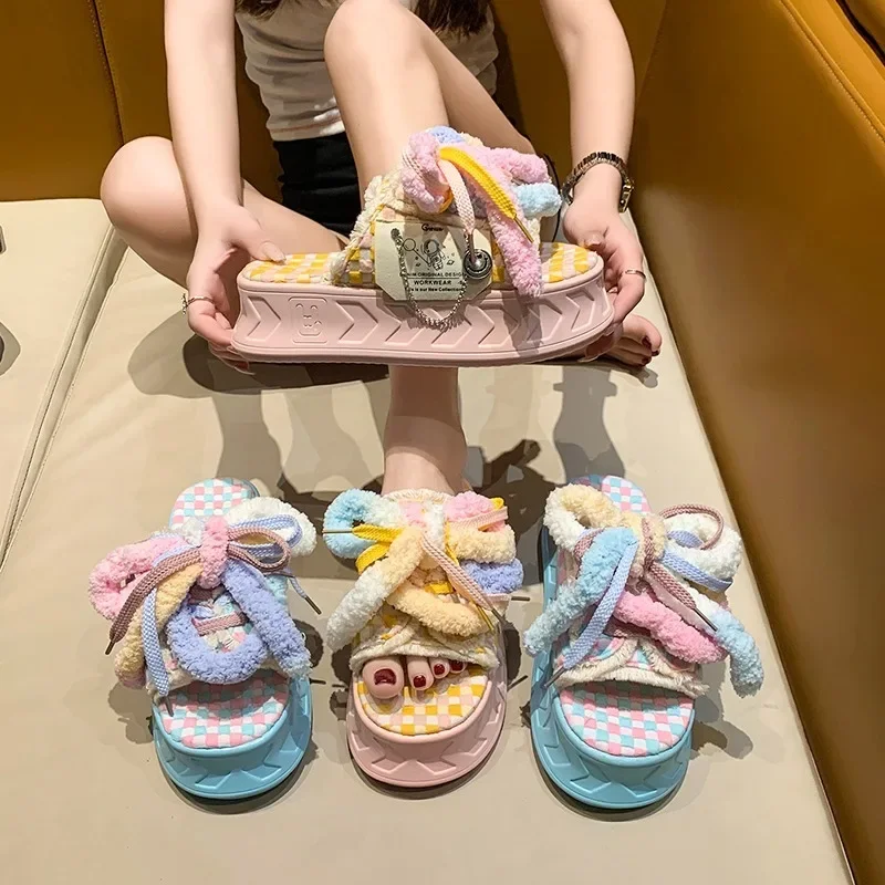 Летние женские плетеные тапочки 5,5 см, обувь на платформе, новый модный дизайн, сабо, сандалии ярких цветов, повседневная женская обувь на плоской подошве