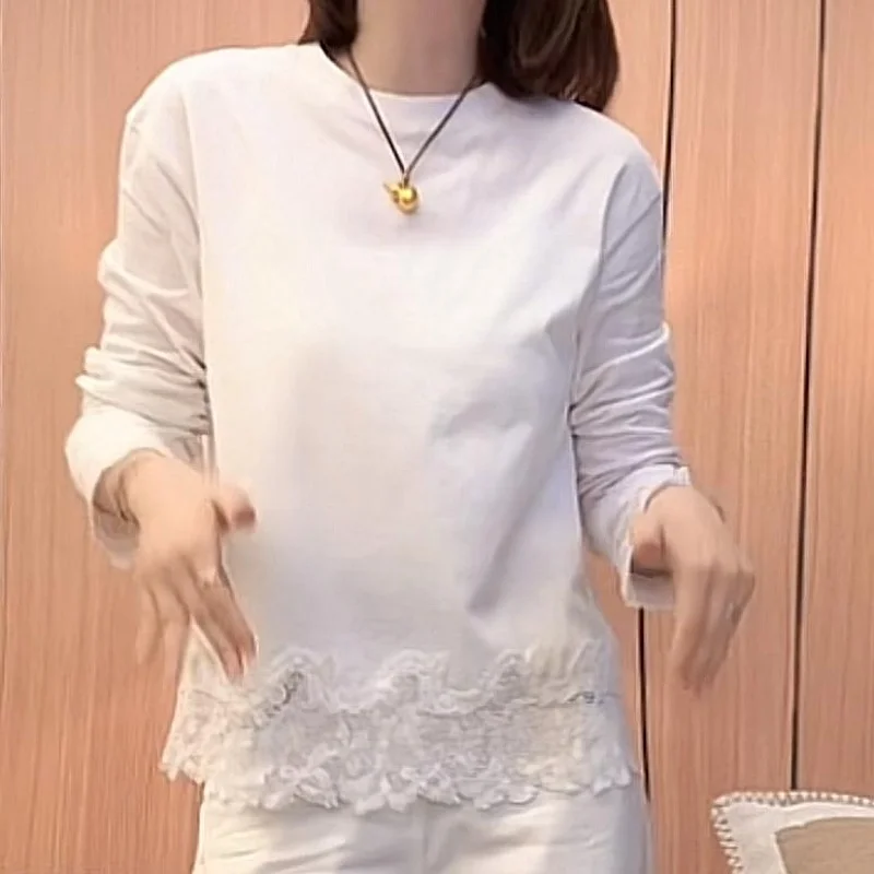 

Женская кружевная футболка с длинным свеком Design Sense, круглая, утягивающая белая весенняя новинка, универсальный повседневный топ