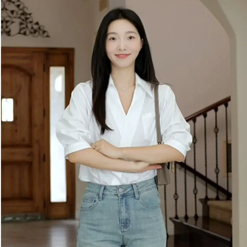Women's Temperament Elegant Tops Summer White Shirt Office Lady Fashion Half Sleeve Chic V-neck Blouses