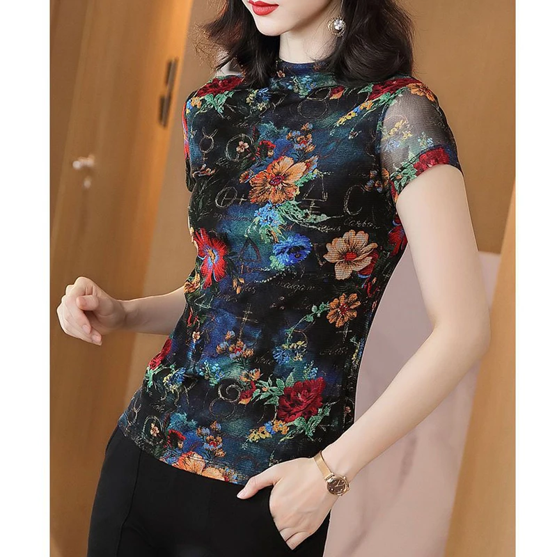 Women's Clothing Mesh Floral Printed Slim Vintage Elegant Basic T-shirts Summer Fashion Round Neck Short Sleeve Chic Ladies Tops