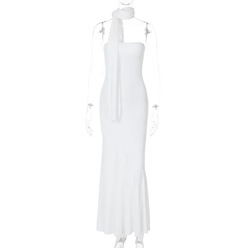 فستان نسائي أنيق للحفلات والرقص، عصري بلون سادة، مثير بقصة ضيقة، صدر ملفوف، تنورة على شكل ذيل السمكة، فستان شال سفلي #5