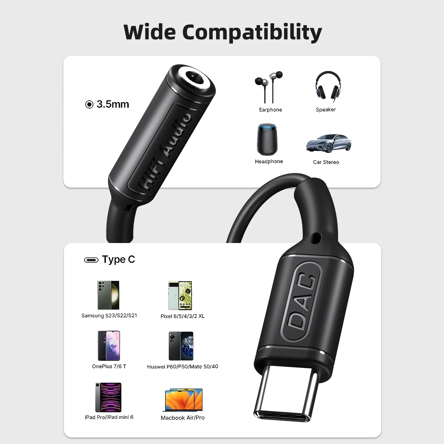 Hifi Audio Usb c إلى 3.5 ملم مهايئ الرافعة DAC لهاتف iPhone 15 Pro Max، Samsung S24 Ultra، Google Pixel 8 9 Pro Type C AUX Converter