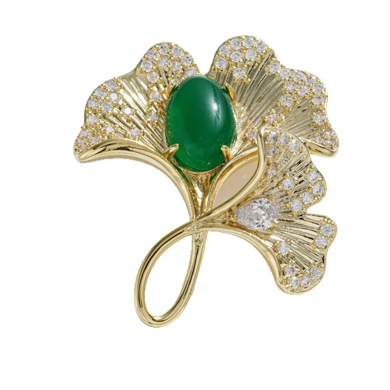 Copper Base Gold‑Tone Plated Emerald Zircon Ginkgo Leaf Brooch Elegant Versatile Suit Jewelry Accessory for Women