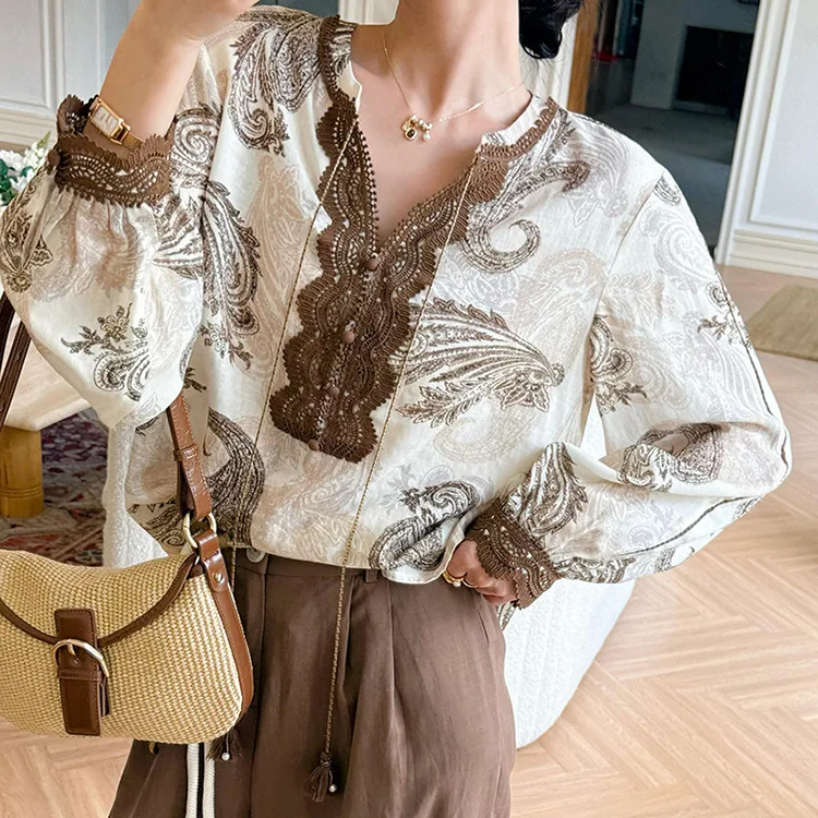 

2025 Autumn Women's Shirt Long Sleeve Tassel Stitching Embroidery V-neck French Shirts Blouses Casual Boho Vacation Beach Tops