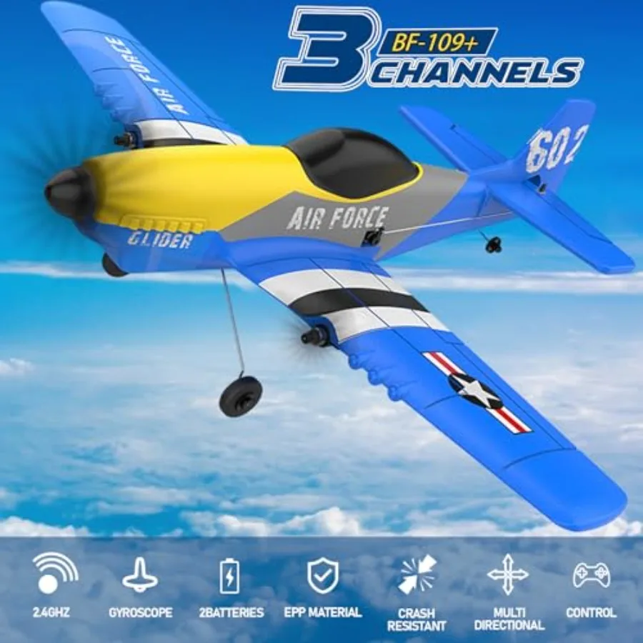 RC plane drone for outdoor flying, EPP foam, red and black, 3-channel 2.4GHz remote with 6-axis gyro stabilization, includes 2