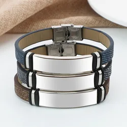 10Pieces Stainless Steel Engraved Custom Bracelet PU Denim Texture Leather Bracelet Men's Valentine's Day Gift