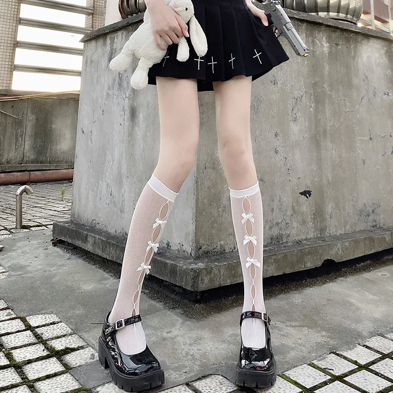 

JK Japanese Style Kawaii Socks Hollow Out Mesh Fishnet Lace Socks Lolita Sweet Girls Cute Bow Elastic Nylon Long Socks Stockings