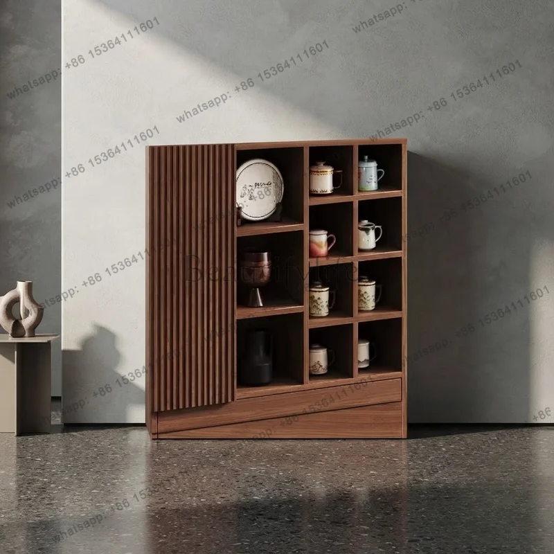 LSFrench Luxury Wood Living Room Cabinet with Organizer Shelves for Coffee Cup Display Furniture Storage