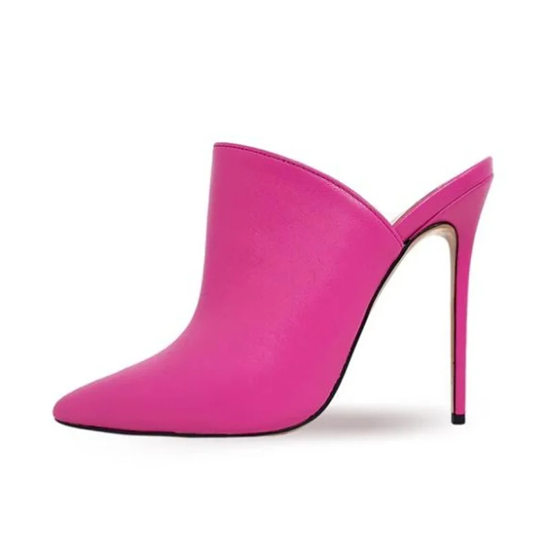 

Modern Matte Leather High Heel Mules Shoes Pointy Toe Slip On Cover Heels Women Sandals Fuchsia Green Beige