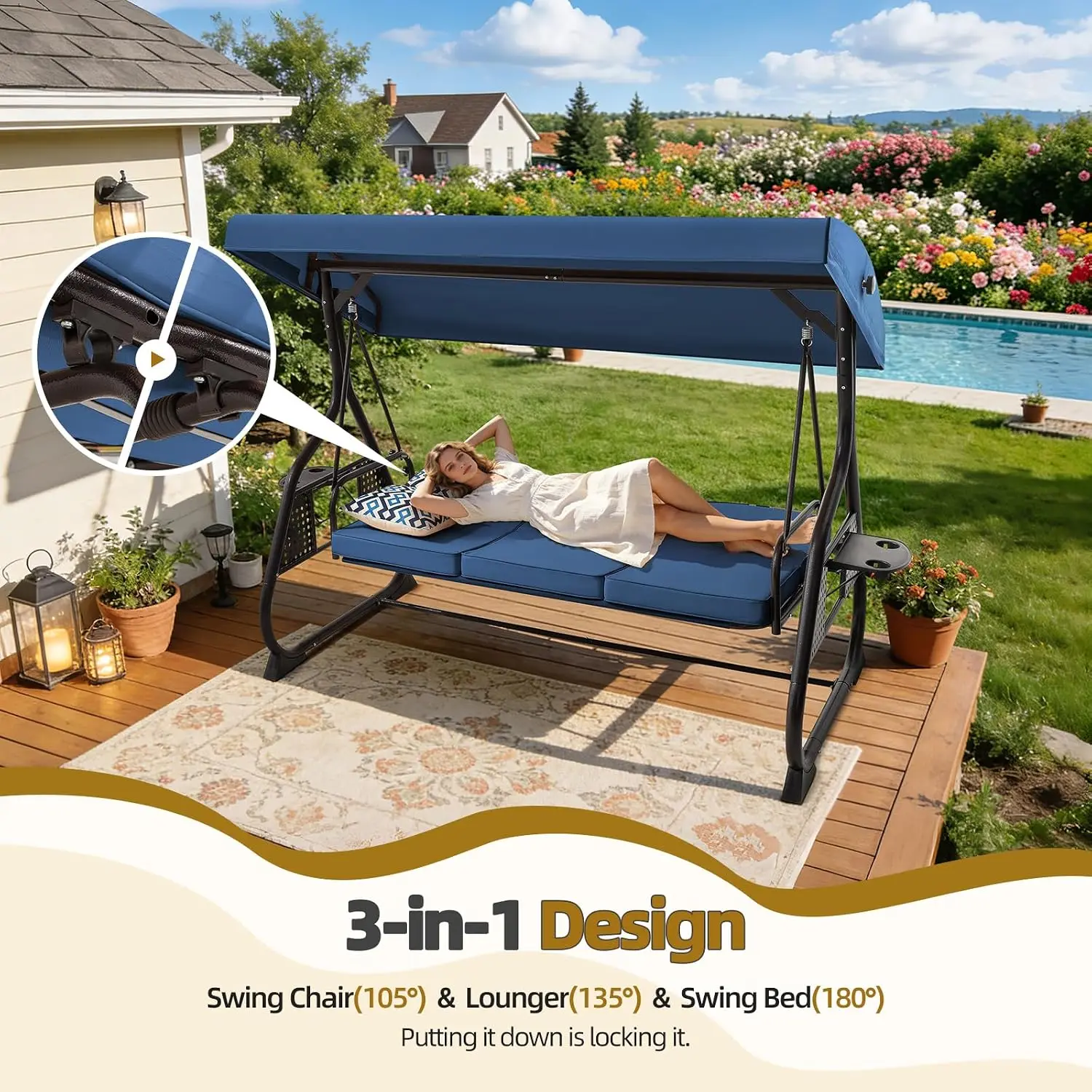 3 Seat Outdoor Porch Patio Swing With Adjustable Canopy& Backrest,Outdoor Swing For Adults,3 In 1 Convertible Swing, Customized