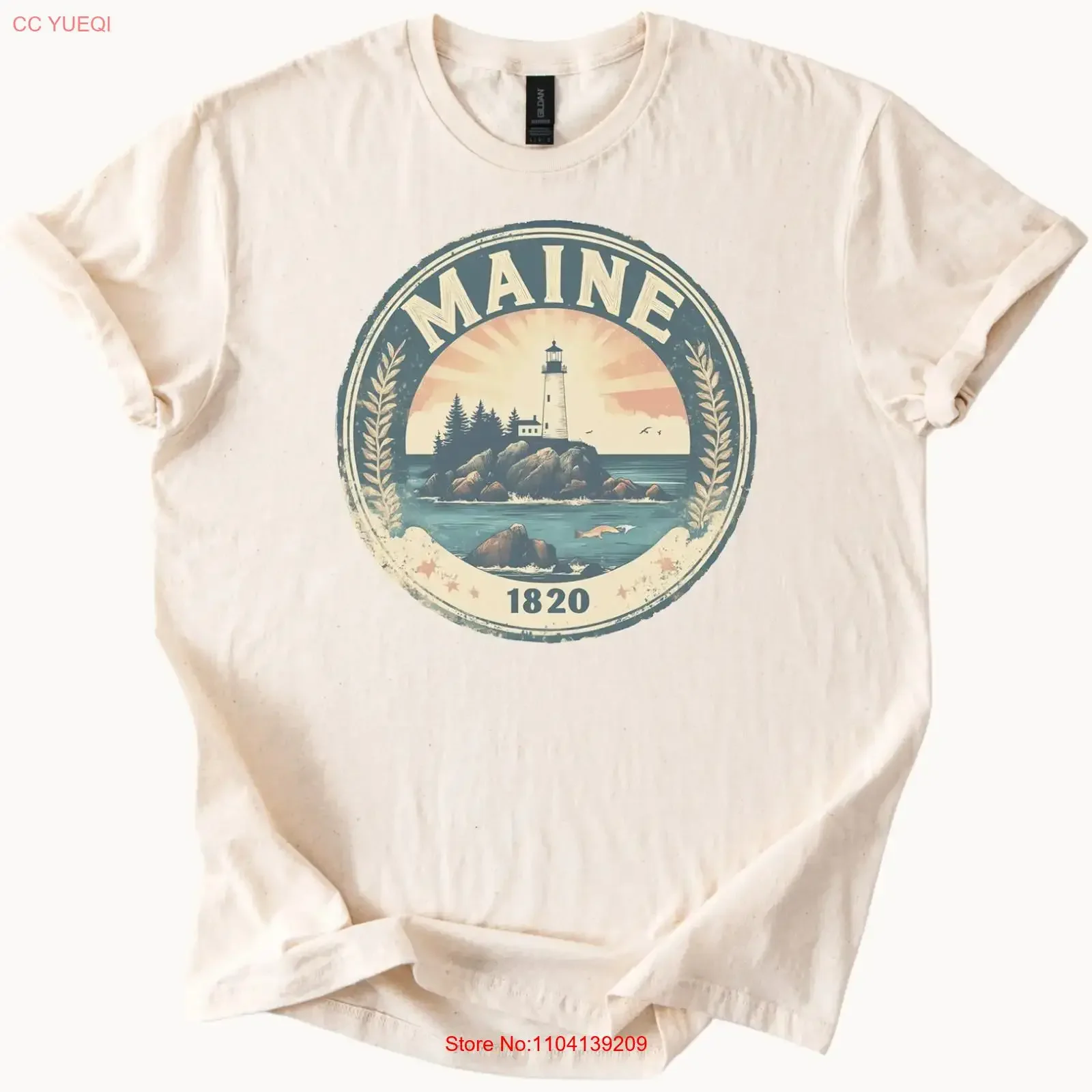 Maine Lighthouse T Shirt Ocean Sunset Coastal 1820 State Souvenir vintage Washed Stretched Top For Everyday Wear Stylish Soft