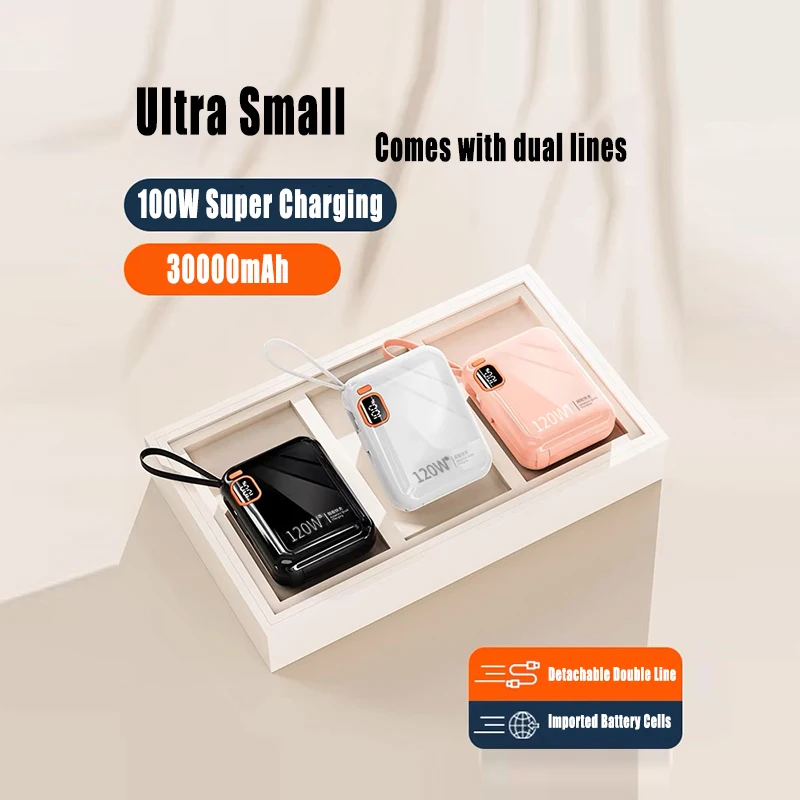 

30000mAh 120W Portable Power Bank Large Capacity Built-in Cable Bidirectional Fast Charging Mini Power Bank For Iphone Samsung