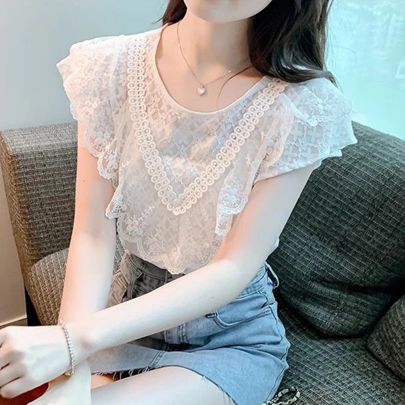 Vintage Hollow Out Lace Blouses Women Summer Short Sleeve Soild Y2k Clothes Slim French Ladies Casual White Tops Sweet Shirts view 2