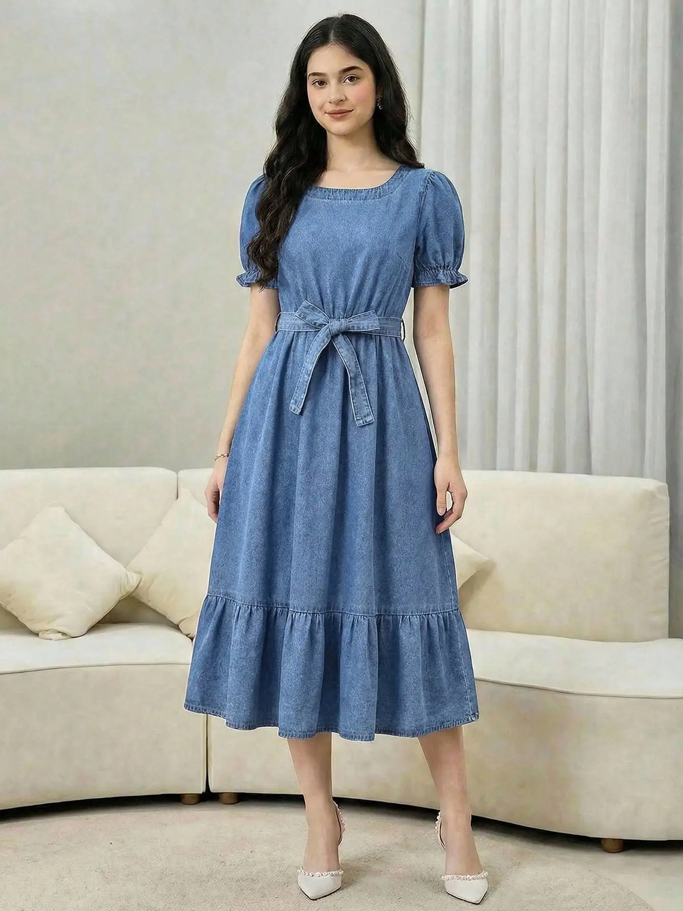 Denim Puff Sleeve Belted Waist A-Line Midi Dress With Bow