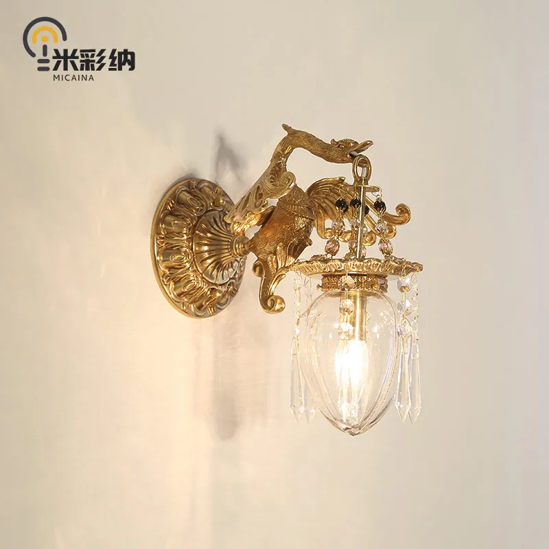 

French-style wall lamp villa retro luxurious living room bedside bedroom crystal European-style all-copper