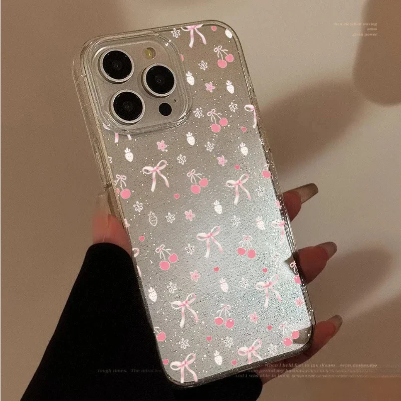 Pink Cherry Small Bow Cute Glitter Phone Case For iPhone 17 16 15 14 13 12 11 Pro MAX 17air MINI XR XSMAX 78 Plus Y2K Soft Cover view 2