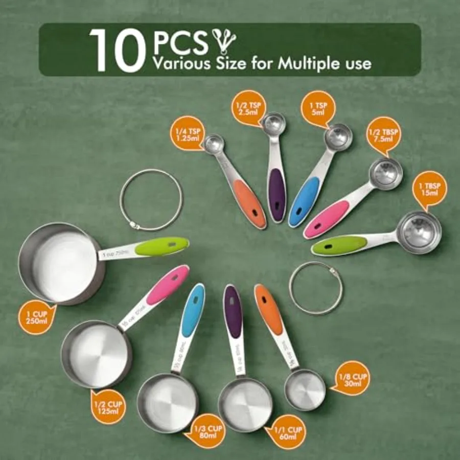 10-Pack Measuring Cups andSpoons Set, Kitchen Gadagets Cooking Baking, Measuring Spoons, Heavy Duty and Dishwasher Safe for Dry