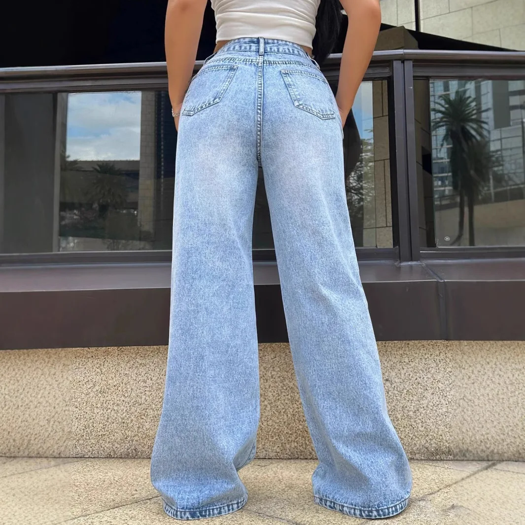 هول الجينز النساء خمر بنطال ذو قصة أرجل واسعة الدينيم الشارع الشهير عالية الخصر غسلها المتعثرة ممزق مستقيم بنطلون طول الأرض #5