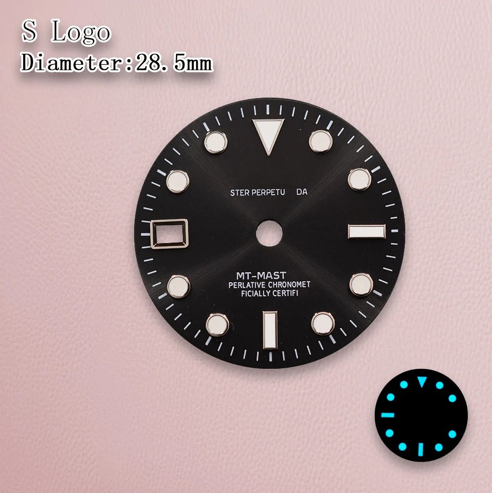 S Logo 28.5mm Gmt Dial Black Sun Dial 9 o'clock calendar Fit NH34 Movement Ice Blue Luminous Watch Modification Accessories ﻿