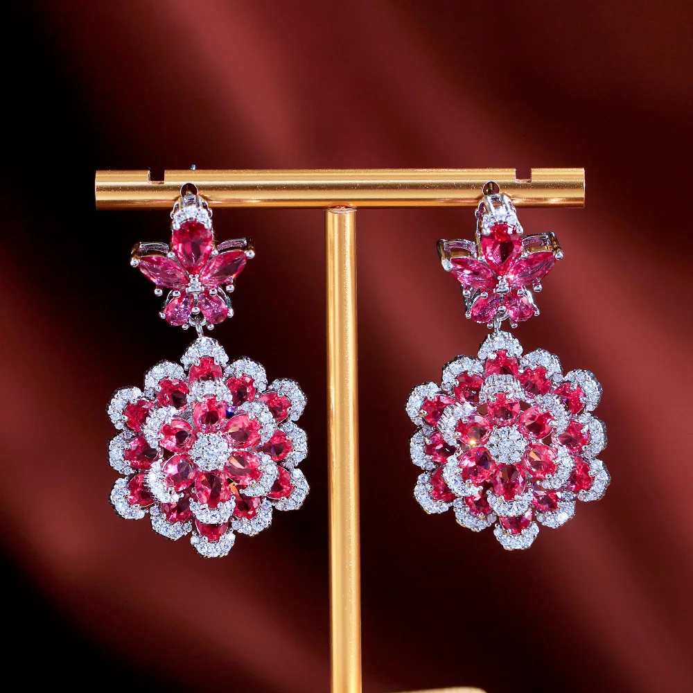 

Stunning Floral and Butterfly Inspired Earrings in Fiery Red Embellished with Sparkling Zirconia for Women's Fashion Jewelry