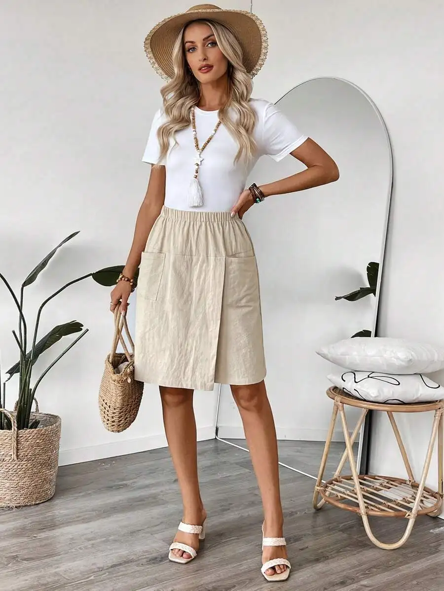 

Women Solid Color Elastic Waist Pockets Loose Casual Culottes Summer