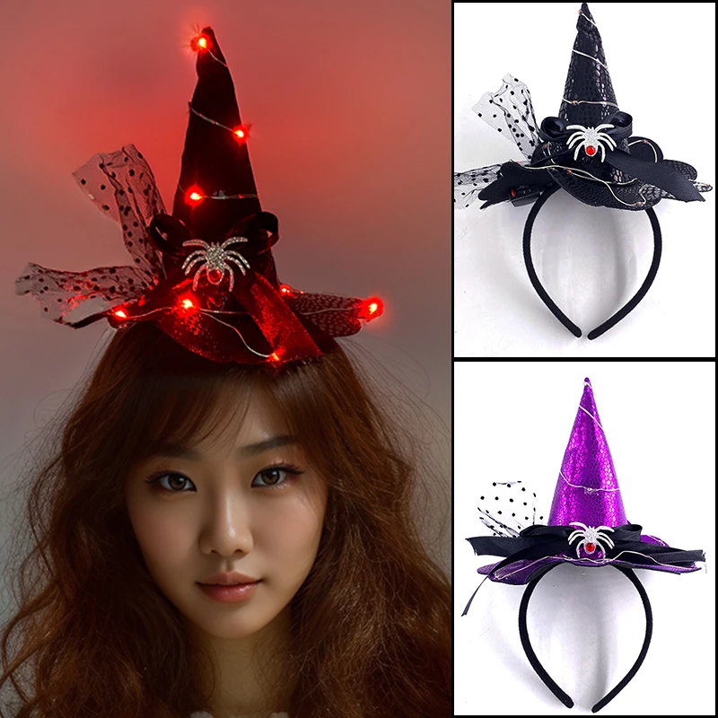 1PC Halloween Witch Headband LED Luminous Witch Hat Headwear For Women Festival Party Hairband Cosplay Props Hair Accessories