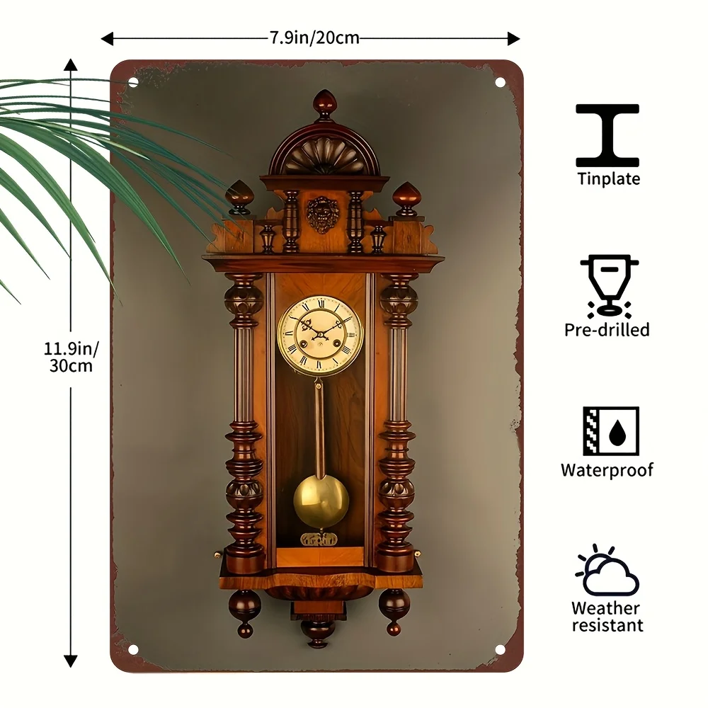 Reloj de pared de hierro vintage con acento de palma tropical - 8 x 12 pulgadas, decoración retro para bar en casa, elegante, multifuncional, montado en la pared