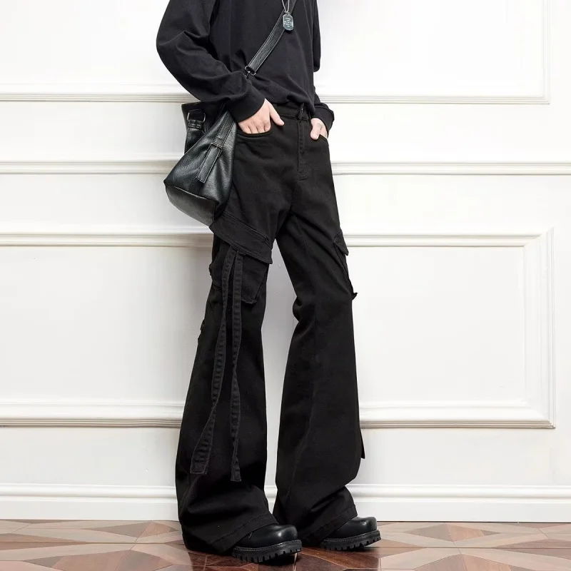 2025 اليابانية Y2K نمط الشريط تصميم أسود سليم البضائع الجينز السراويل للرجال الملابس الشارع الشهير القطن السراويل الطويلة مودا Hombre #4