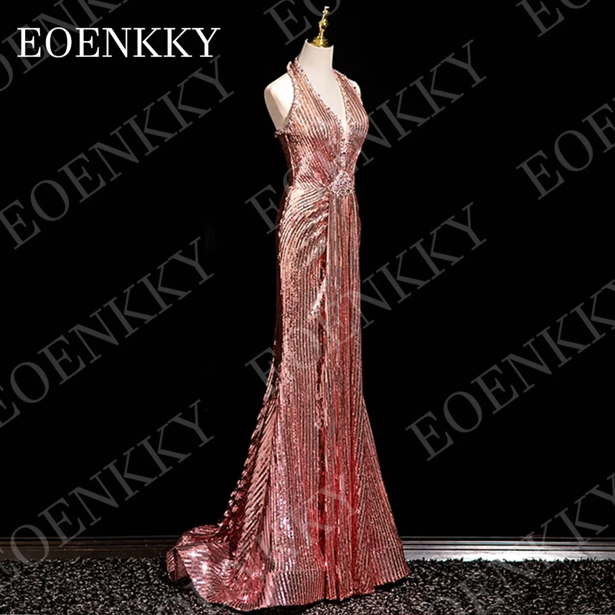 EOENKKY Elegant Sparkly Evening Dresses for Wedding Mermaid Sequin Beaded V Neck Prom Dress Halter Neck Customized فساتين سهرة