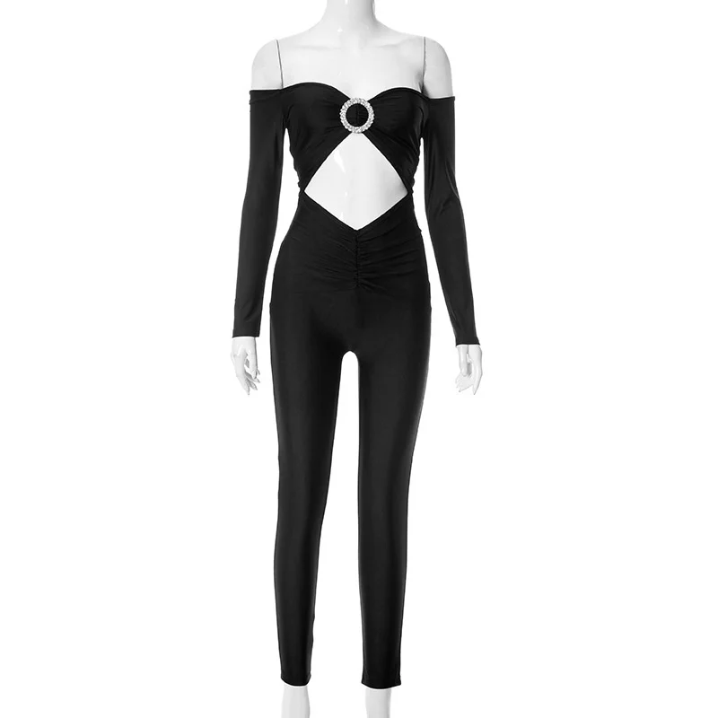 Neue hohle figur betonte Frauen Overall Kleidung Bodysuit sexy Club Outfits y2k Langarm Herbst Streetwear schwarze Overalls Tops