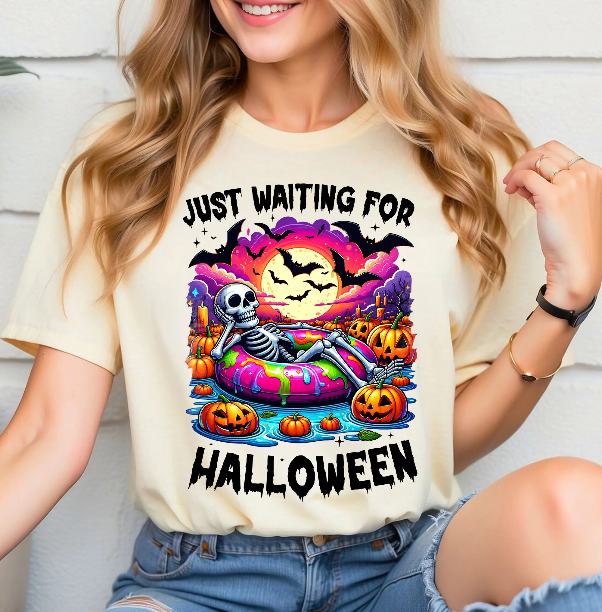 Just Waiting For Halloween T Shirt Cute Spooky Summer Skeleton