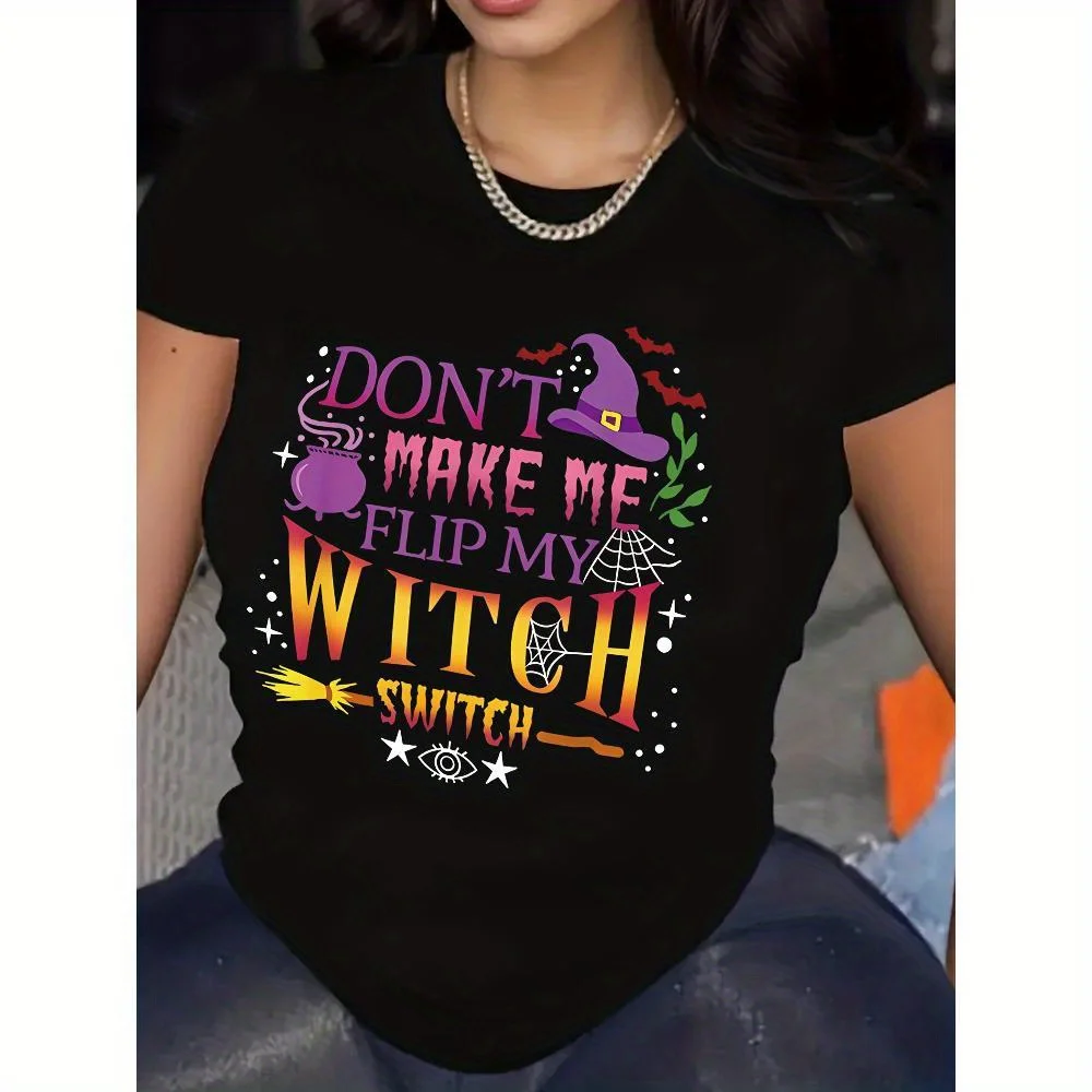 

Women's Halloween Witch Graphic T-Shirt - "Don't Make Me Flip My Witch Switch" Design, Casual Crew Neck Short
