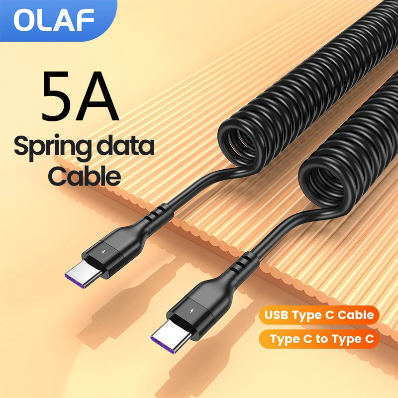 5A Car Spring Data Cable PD60W Telescopic Type C To Type C Fast Charging Cable for Xiaomi Redmi Huawei Quick Charge Cable