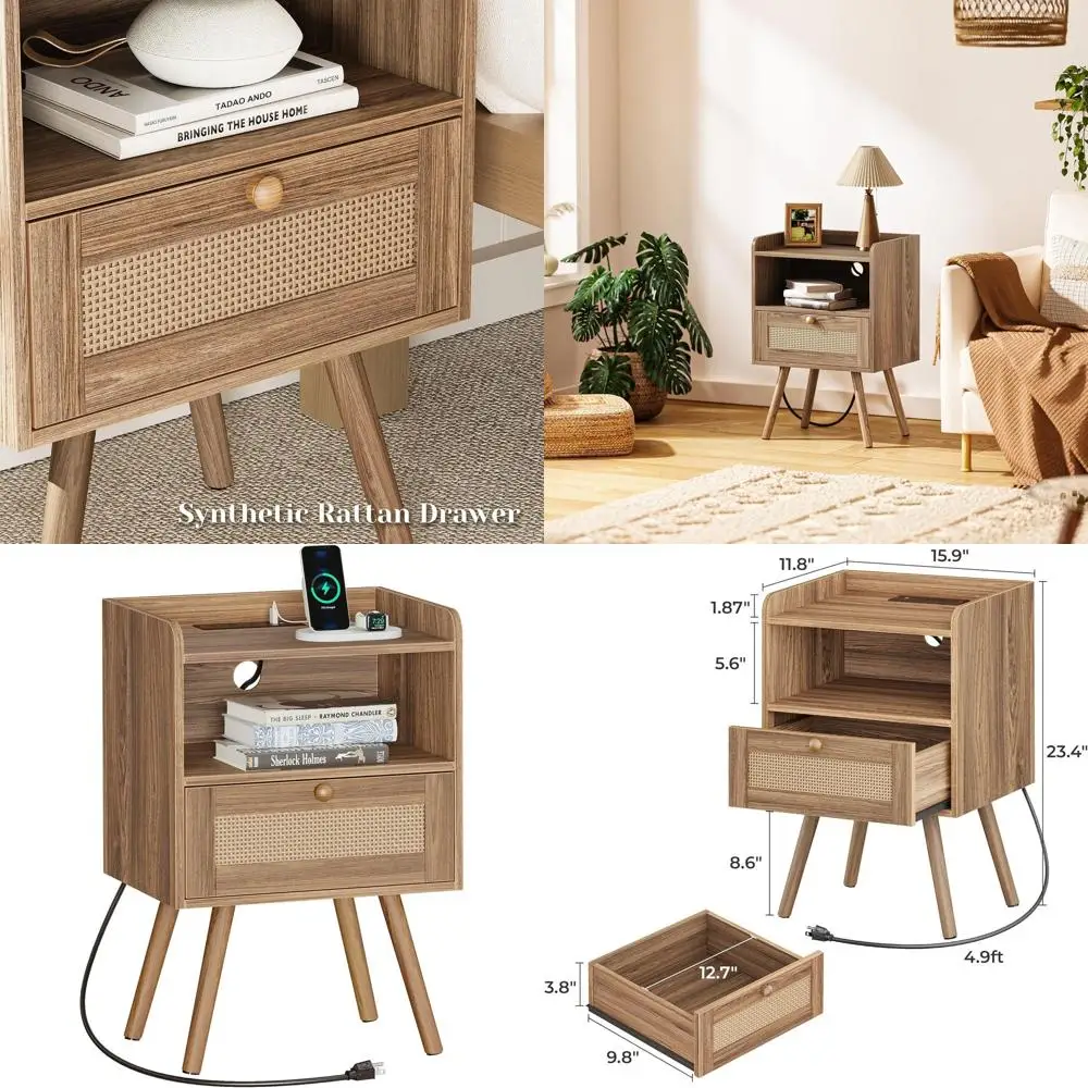 

Тумбочка с зарядной станцией и ящиком из ротанга, торцевой столик из ротанга с ножками из массива дерева, прикроватный столик с открытым столом